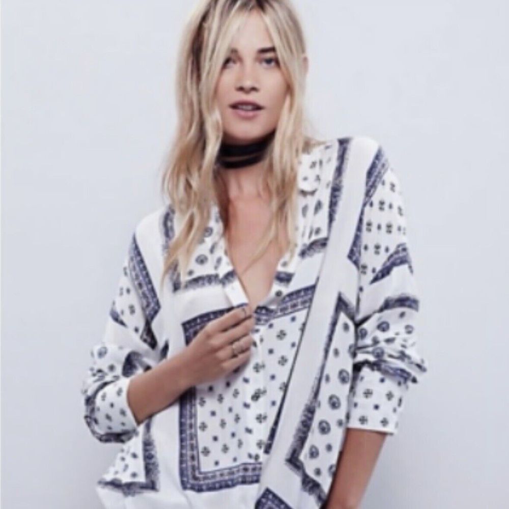 Free People White and Blue Blouse